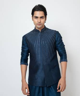 Navy blue silk nehru jacket 4