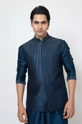 Navy blue silk nehru jacket