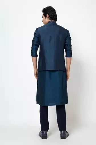 Navy blue silk nehru jacket
