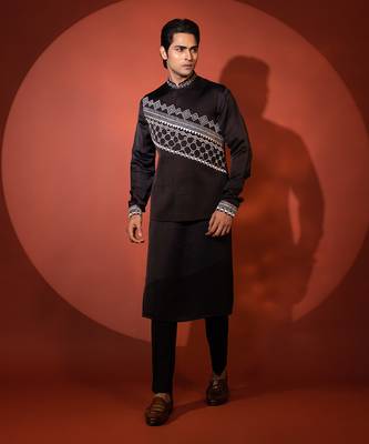 Black satin nehru jacket set 1