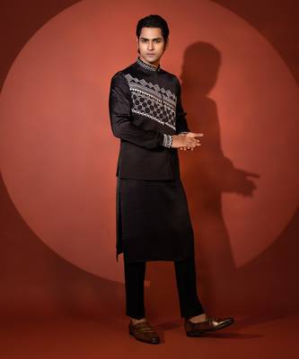 Black satin nehru jacket set 2