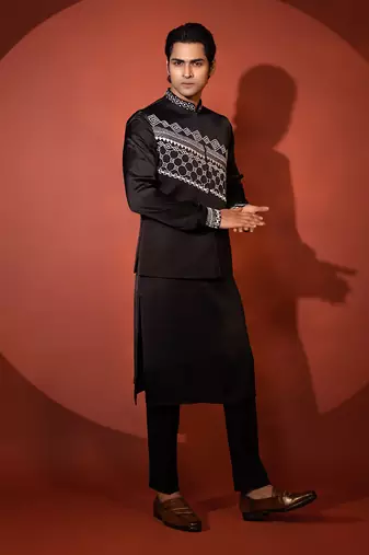 Black satin nehru jacket set