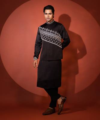 Black satin nehru jacket set 3