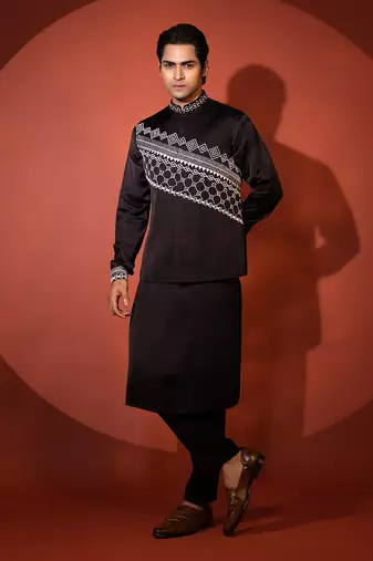 Black satin nehru jacket set