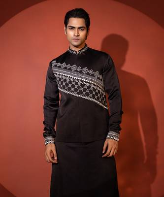 Black satin nehru jacket set 4