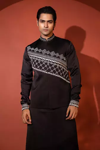 Black satin nehru jacket set