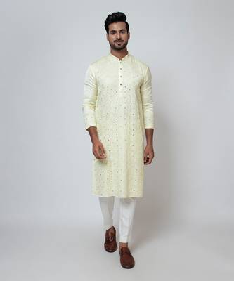 Lime yellow linen satin kurta set 1