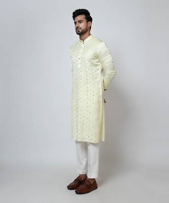 Lime yellow linen satin kurta set 2