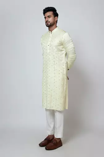 Lime yellow linen satin kurta set