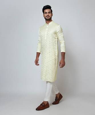 Lime yellow linen satin kurta set 3