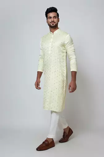 Lime yellow linen satin kurta set