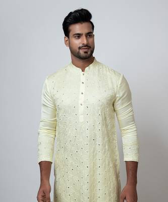 Lime yellow linen satin kurta set 4
