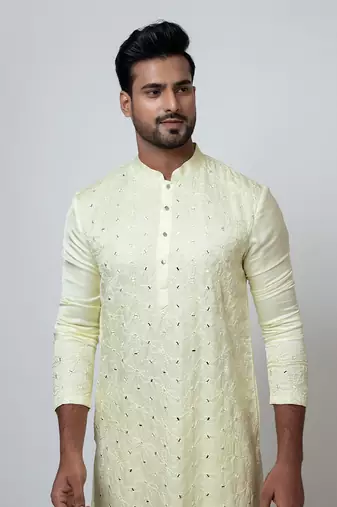 Lime yellow linen satin kurta set