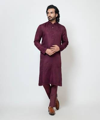 Wine linen satin kurta pajama 2