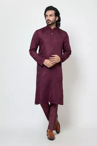 Wine linen satin kurta pajama