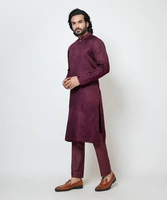 Wine linen satin kurta pajama 3