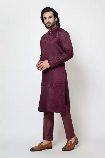 Wine linen satin kurta pajama