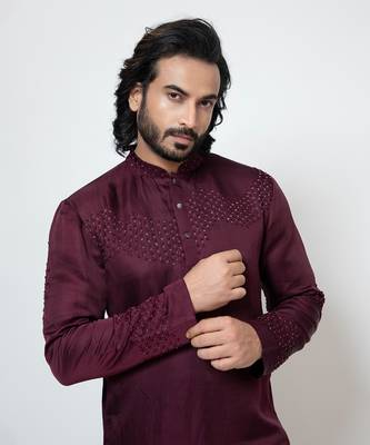 Wine linen satin kurta pajama 4