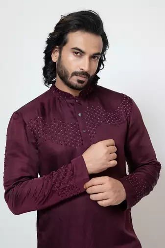 Wine linen satin kurta pajama