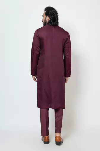 Wine linen satin kurta pajama