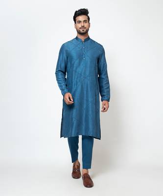 Teal blue linen satin kurta set 1