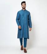 Teal blue linen satin kurta set