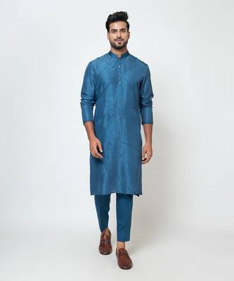 Teal blue linen satin kurta set 2