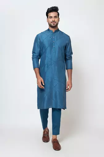 Teal blue linen satin kurta set