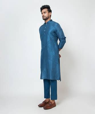 Teal blue linen satin kurta set 3