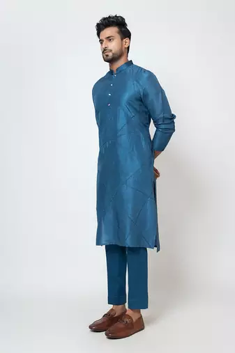 Teal blue linen satin kurta set