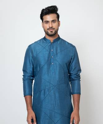 Teal blue linen satin kurta set 4