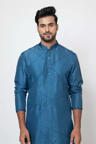 Teal blue linen satin kurta set