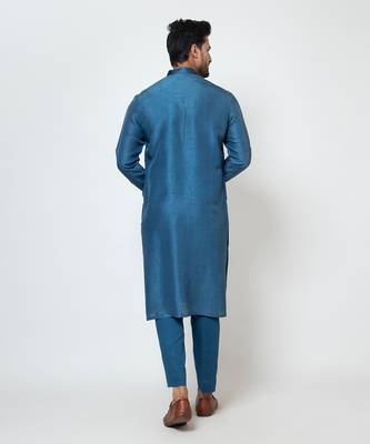 Teal blue linen satin kurta set 5