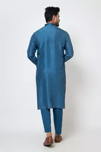 Teal blue linen satin kurta set