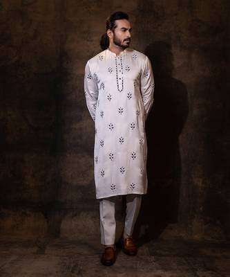 Grey linen satin kurta pajama 1