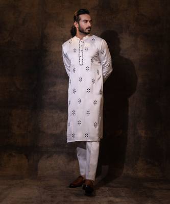 Grey linen satin kurta pajama 2