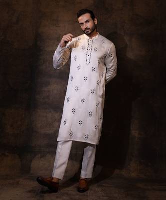 Grey linen satin kurta pajama 3