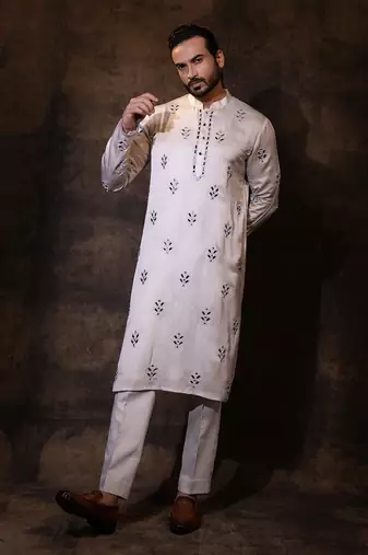 Grey linen satin kurta pajama
