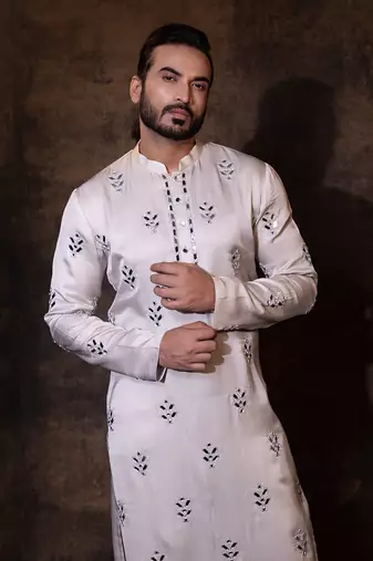 Grey linen satin kurta pajama