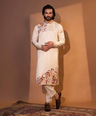 Ivory linen satin kurta pajama 1