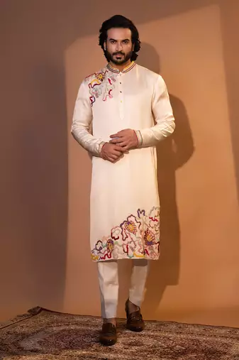 Ivory linen satin kurta pajama