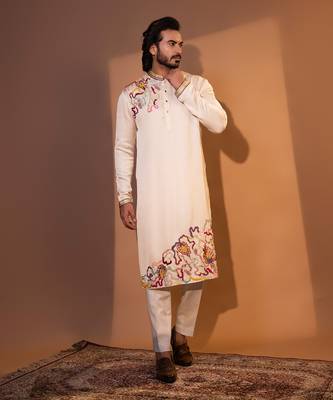 Ivory linen satin kurta pajama 3