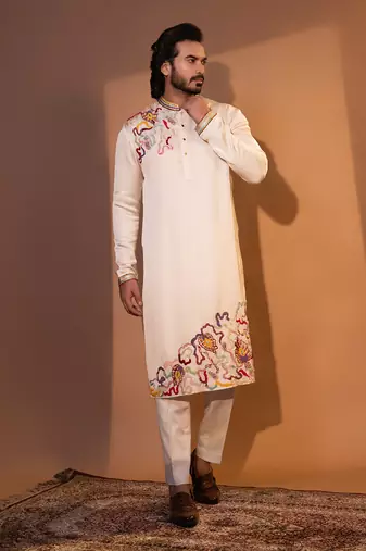 Ivory linen satin kurta pajama