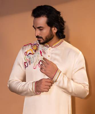 Ivory linen satin kurta pajama 4