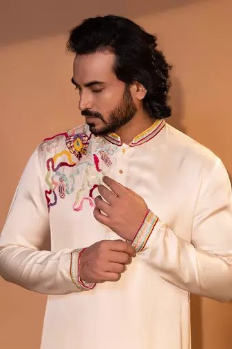 Ivory linen satin kurta pajama