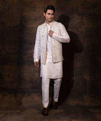 Ivory silk nehru jacket set 1