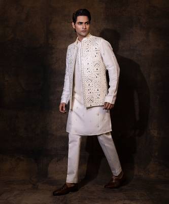 Ivory silk nehru jacket set 2