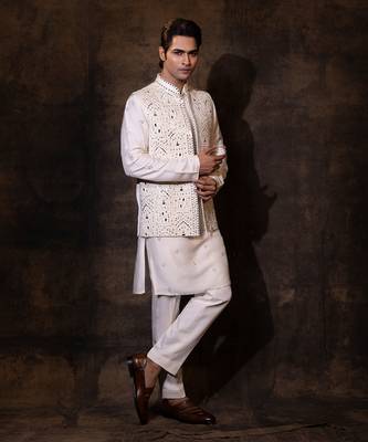 Ivory silk nehru jacket set 3
