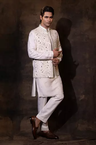 Ivory silk nehru jacket set