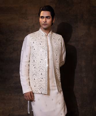 Ivory silk nehru jacket set 4